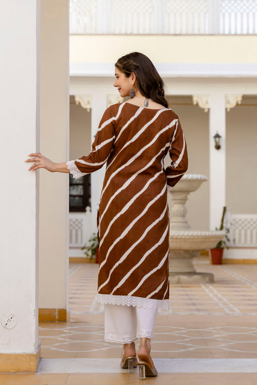 Brown Printed Embroidered Pure Cotton Straight Kurta.