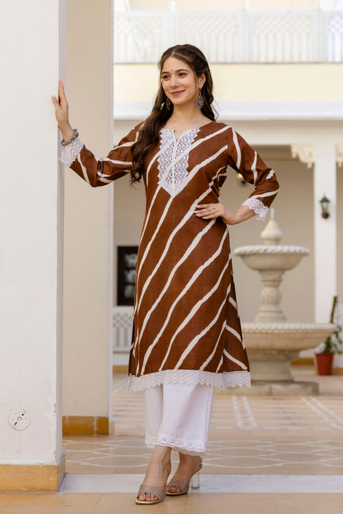 Brown Printed Embroidered Pure Cotton Straight Kurta.