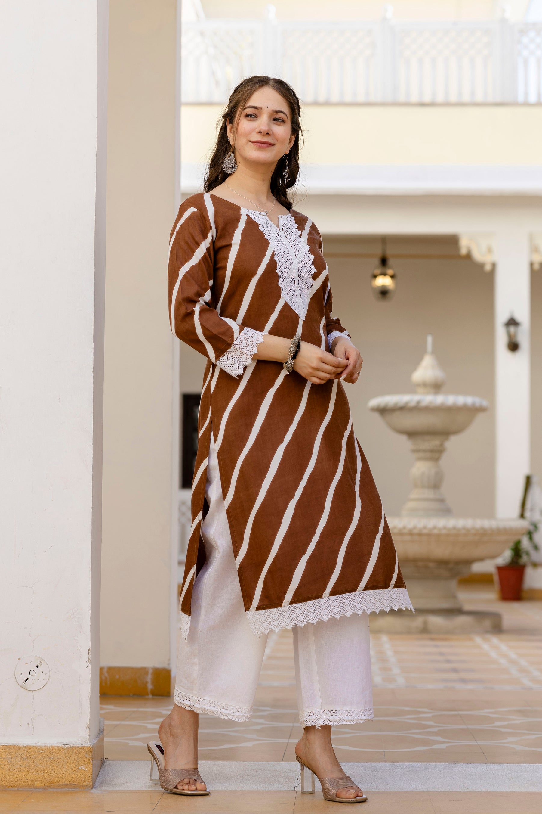 Brown Printed Embroidered Pure Cotton Straight Kurta.