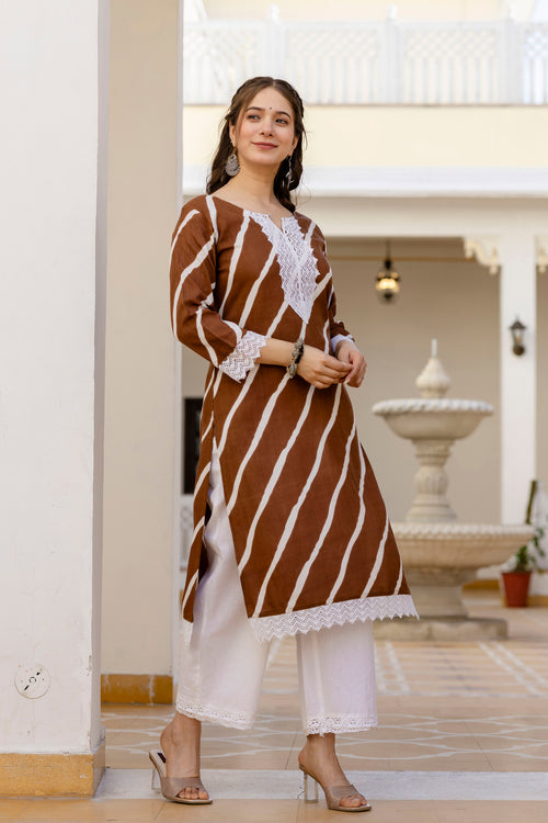 Brown Printed Embroidered Pure Cotton Straight Kurta.