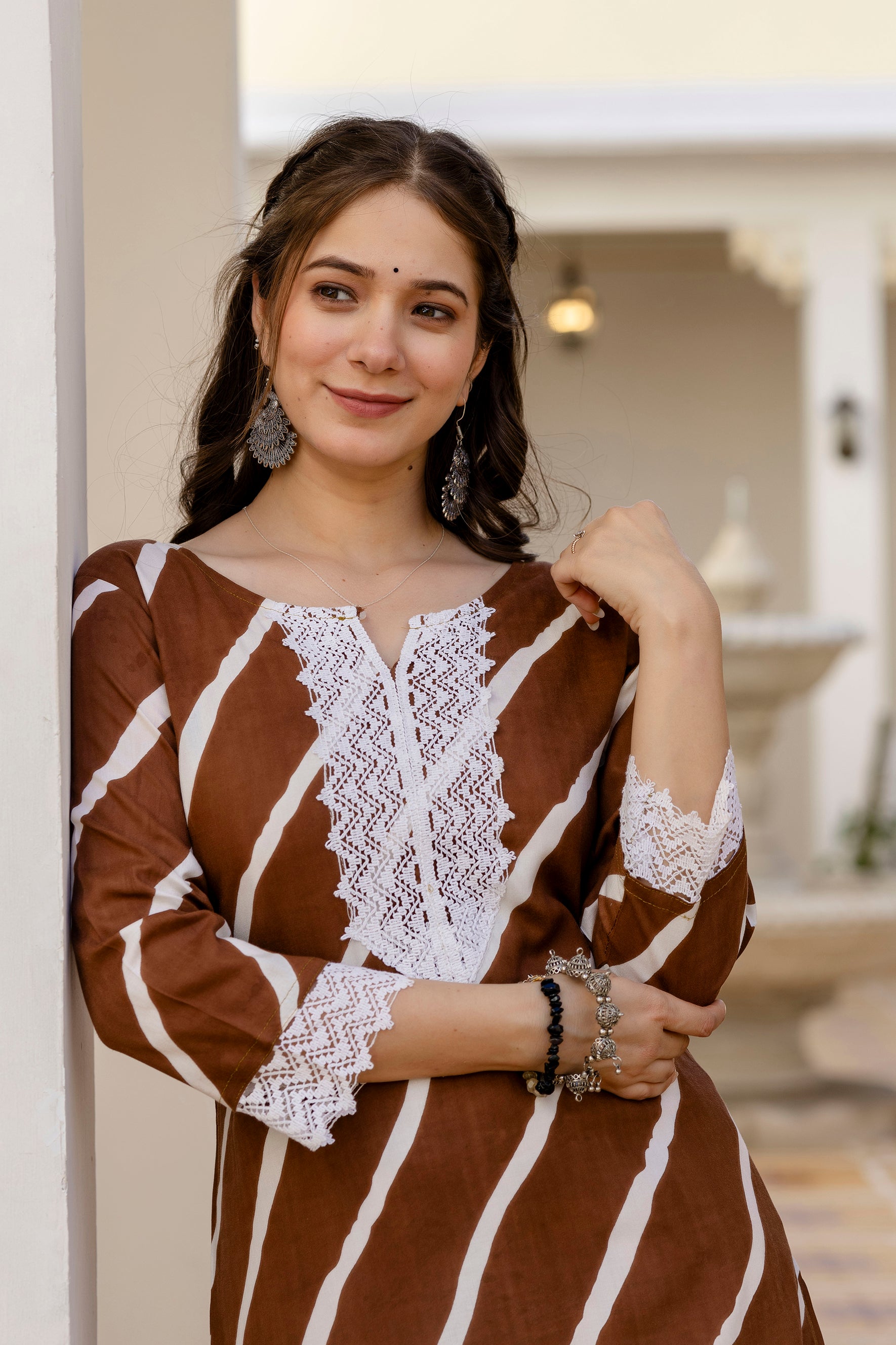 Brown Printed Embroidered Pure Cotton Straight Kurta.