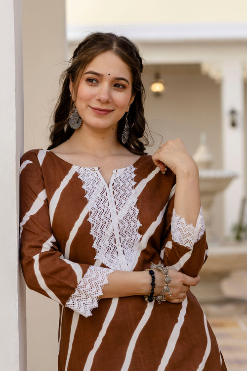 Brown Printed Embroidered Pure Cotton Straight Kurta.