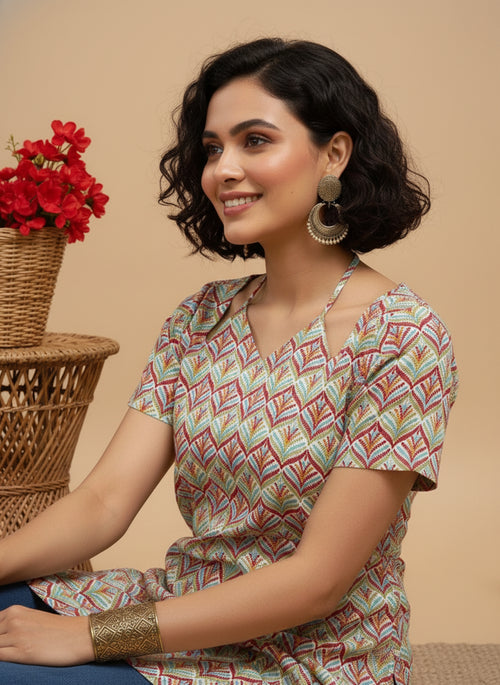 Multicolor Floral Printed Pure Cotton Short Kurti.