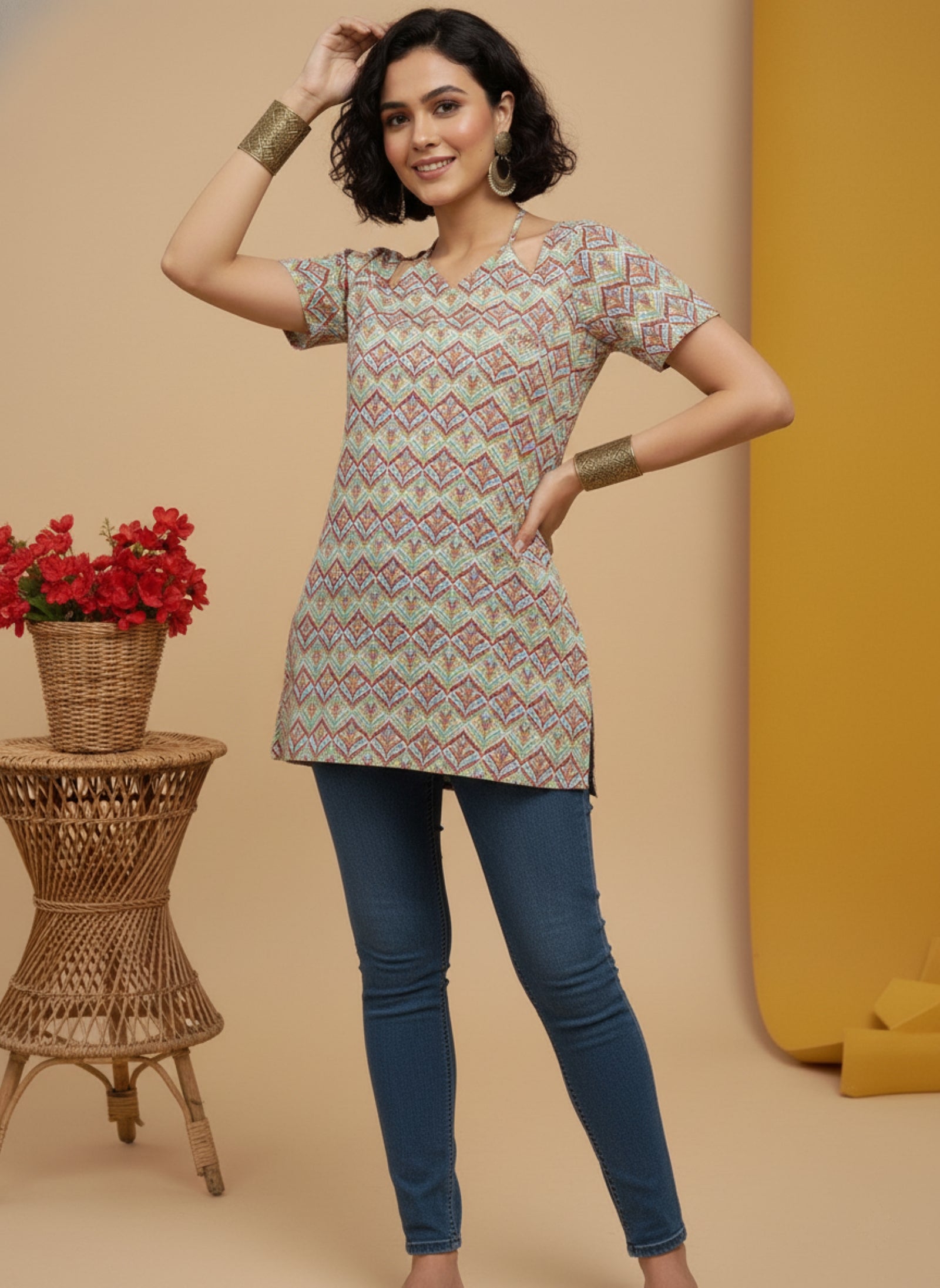 Multicolor Floral Printed Pure Cotton Short Kurti.