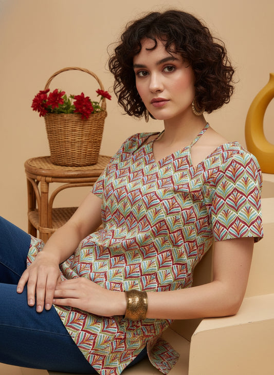 Multicolor Floral Printed Pure Cotton Short Kurti.