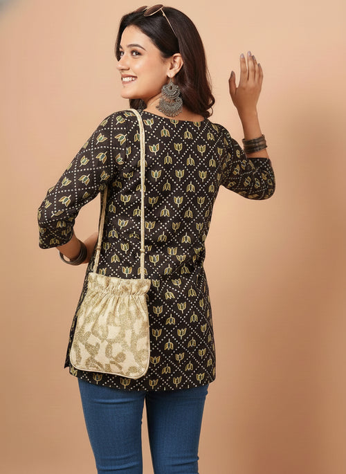 Floral Printed Black Pure Cotton Short Kurti.