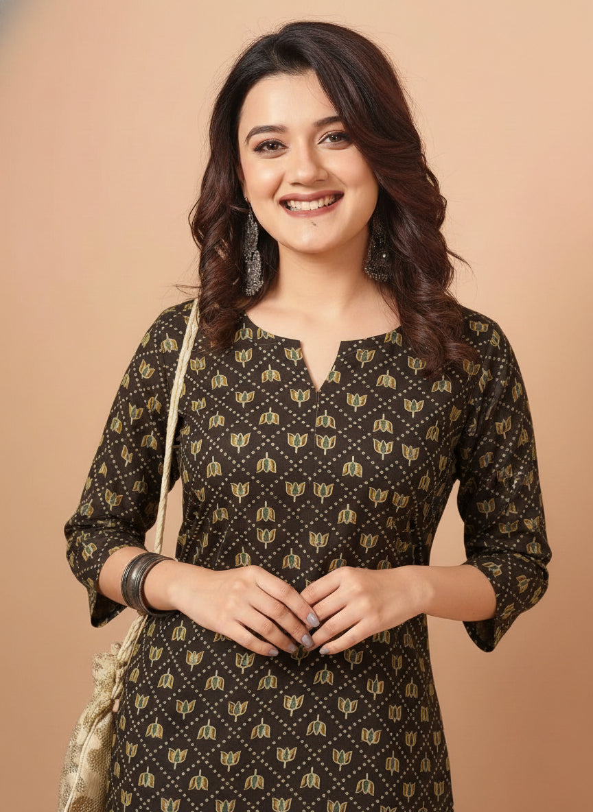 Floral Printed Black Pure Cotton Short Kurti.