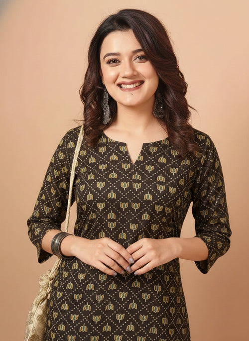 Floral Printed Black Pure Cotton Short Kurti.