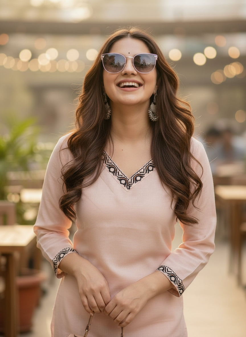 Peach Solid Embroidered Pure Cotton Straight Kurta