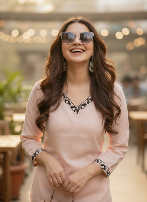 Peach Solid Embroidered Pure Cotton Straight Kurta
