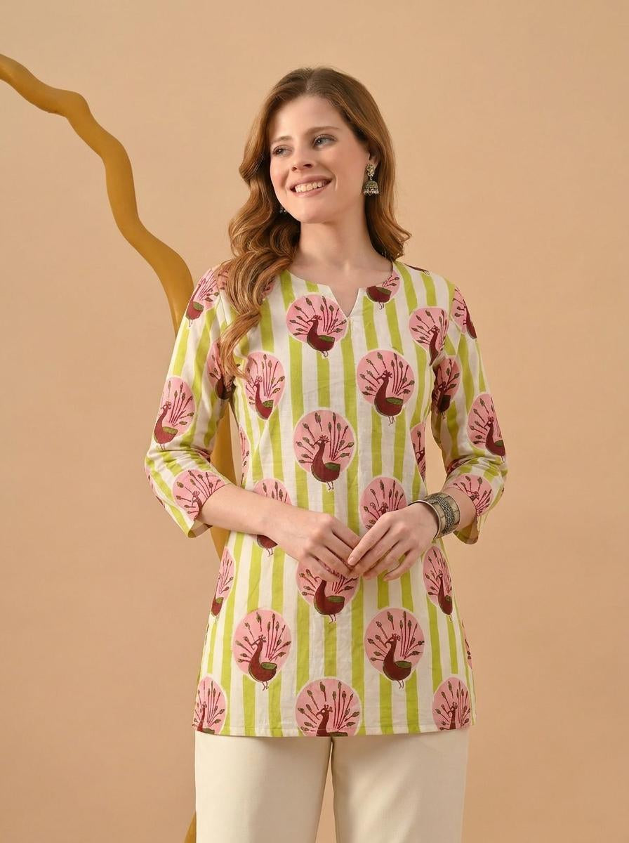 Peacock Print Green & White  Pure Cotton Short Kurti.