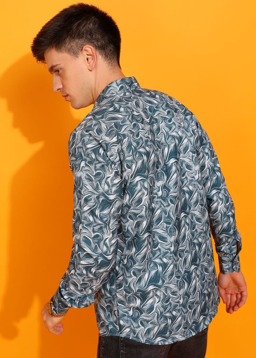 Graphic Printed Teal Full Sleeves Shirt For Men