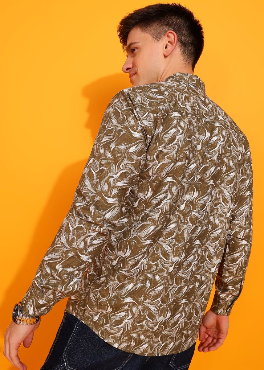 Graphic Printed Brown Full Sleeves Shirt For Men