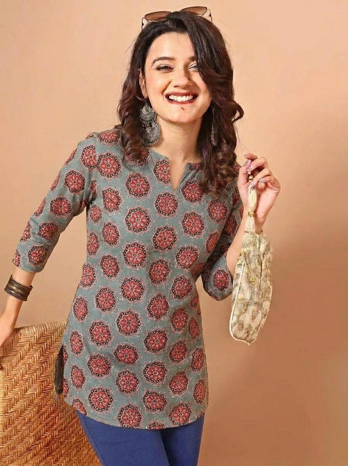 Floral Printed Gray Pure Cotton Short Kurti.