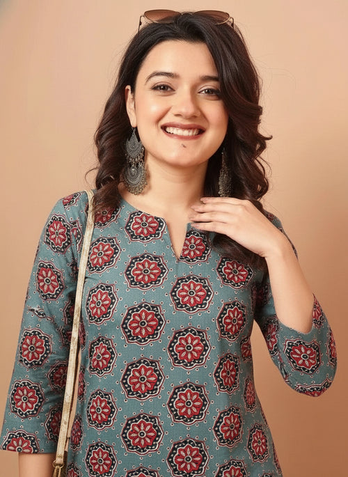 Floral Printed Gray Pure Cotton Short Kurti.
