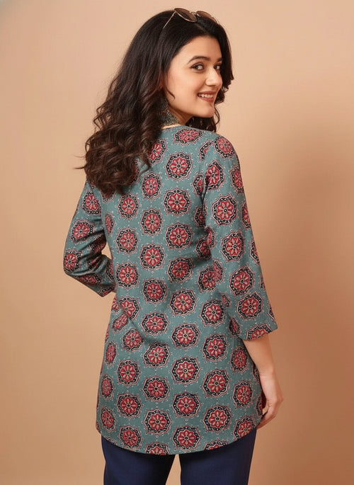 Floral Printed Gray Pure Cotton Short Kurti.