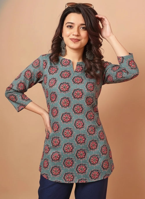 Floral Printed Gray Pure Cotton Short Kurti.