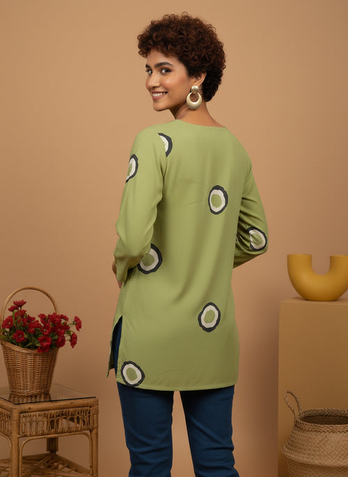 Green Printed Square-Neck Pure Cotton Short Kurti.