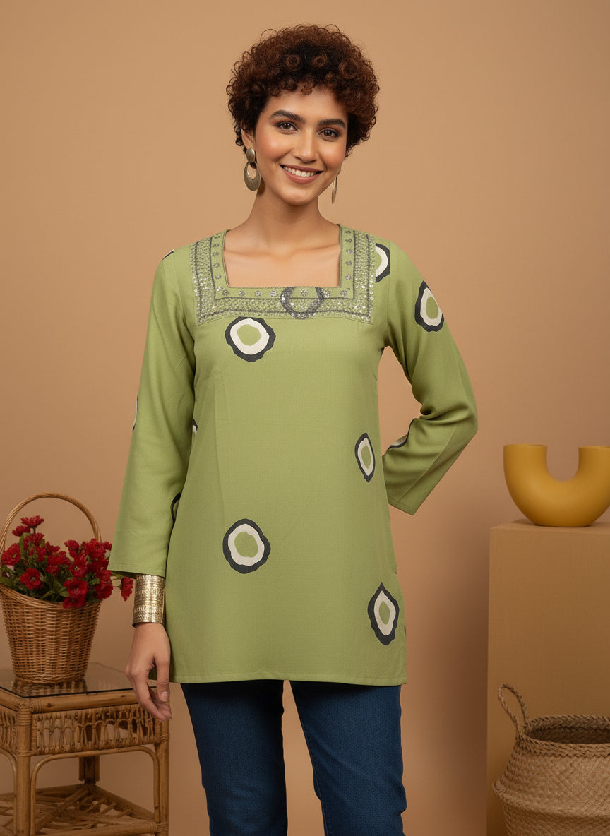 Green Printed Square-Neck Pure Cotton Short Kurti.