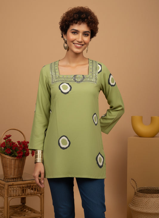 Green Printed Square-Neck Pure Cotton Short Kurti.