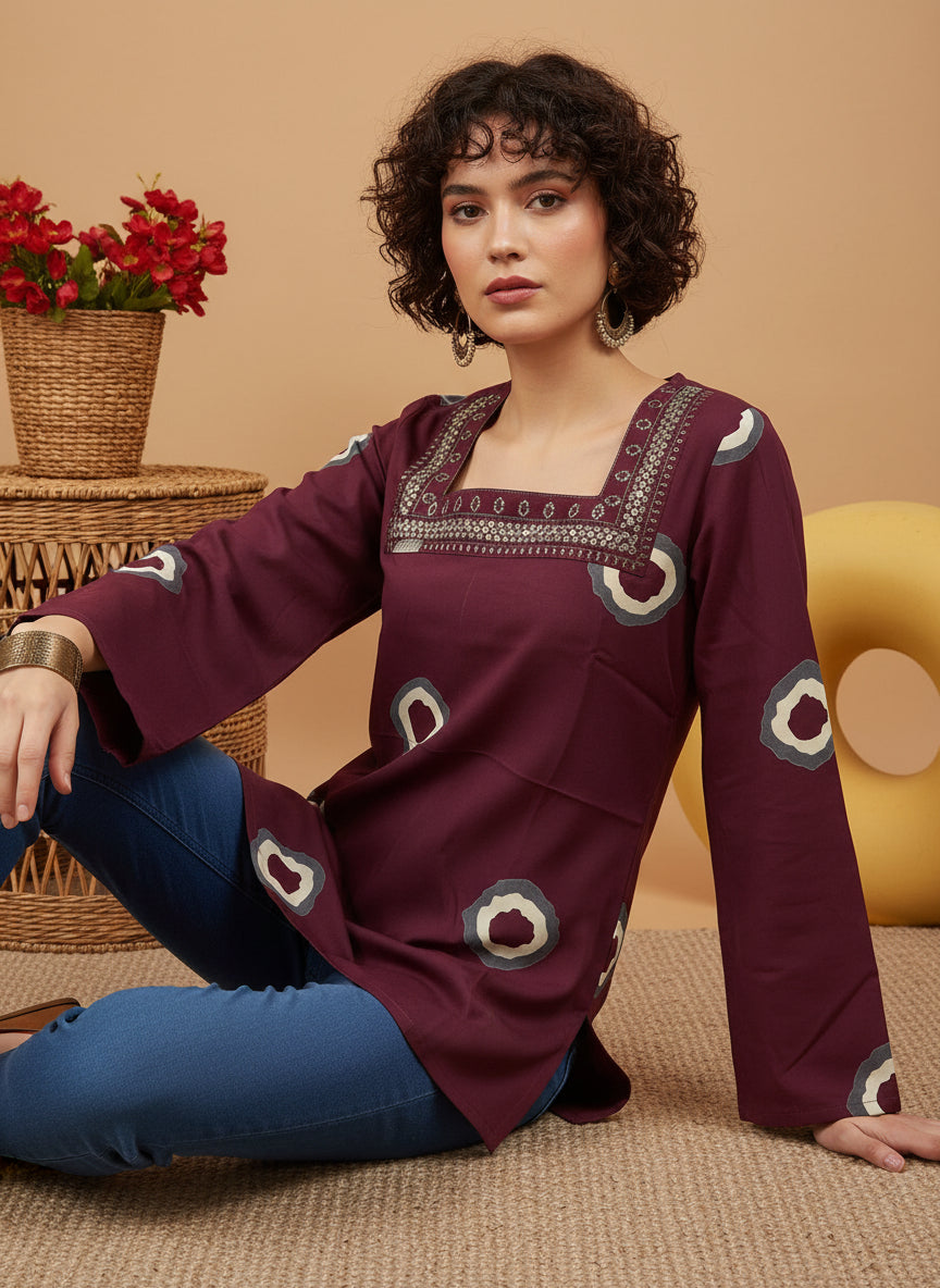 Maroon Printed Square-Neck Pure Cotton Short Kurti.