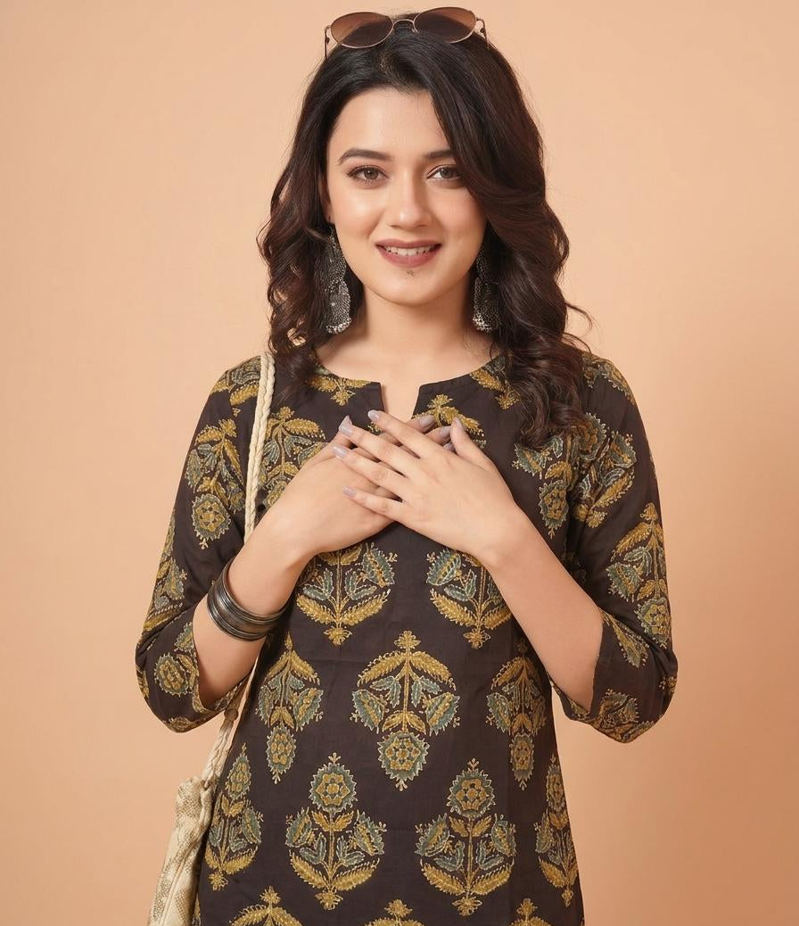 Floral Printed Brown Pure Cotton Short Kurti.