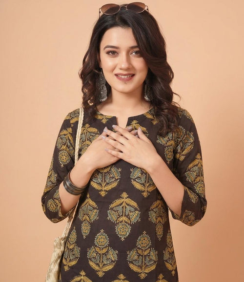 Floral Printed Brown Pure Cotton Short Kurti.