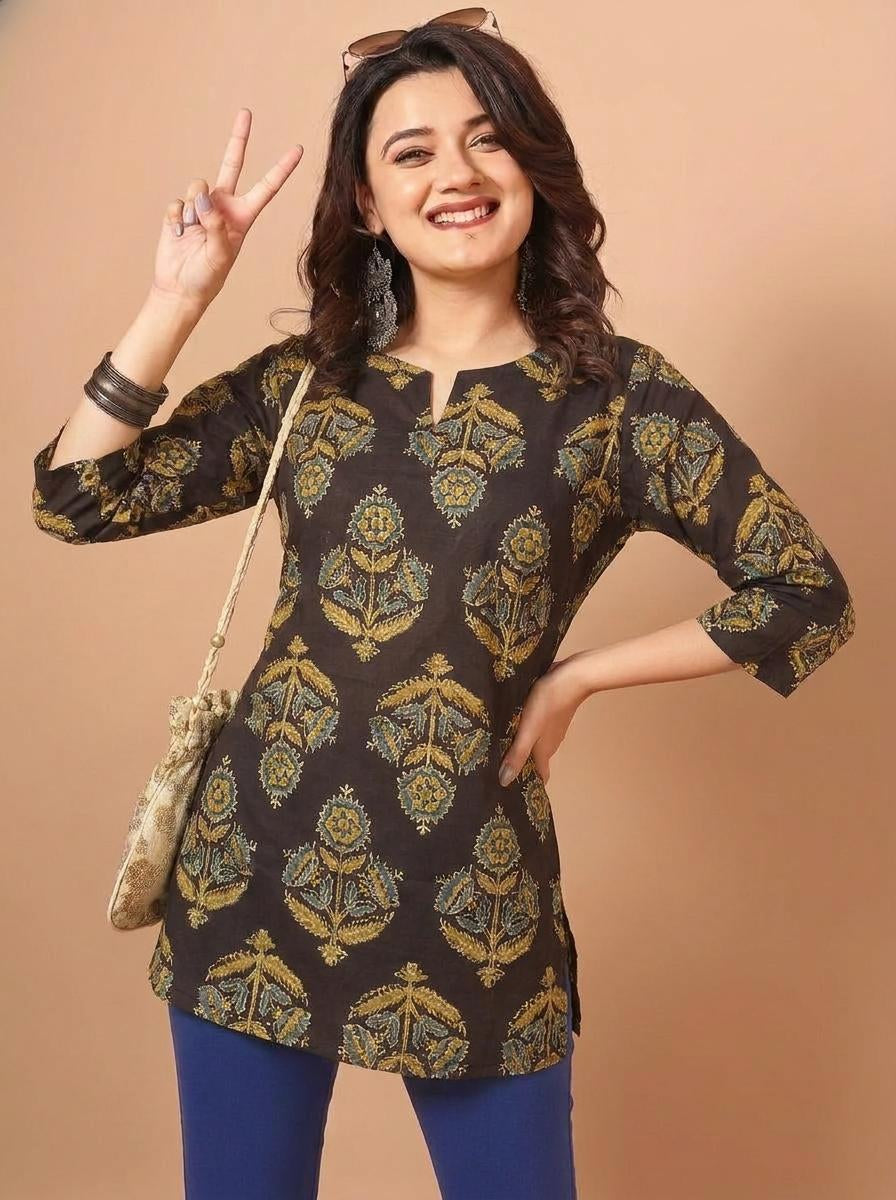 Floral Printed Brown Pure Cotton Short Kurti.