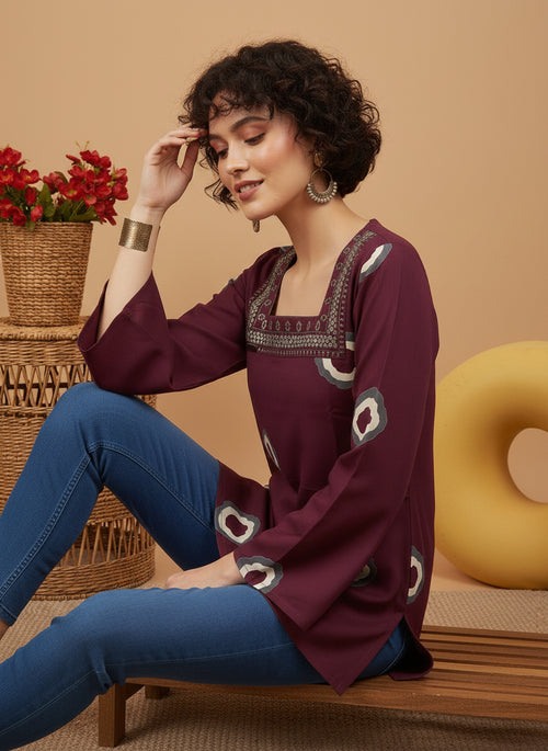 Maroon Printed Square-Neck Pure Cotton Short Kurti.