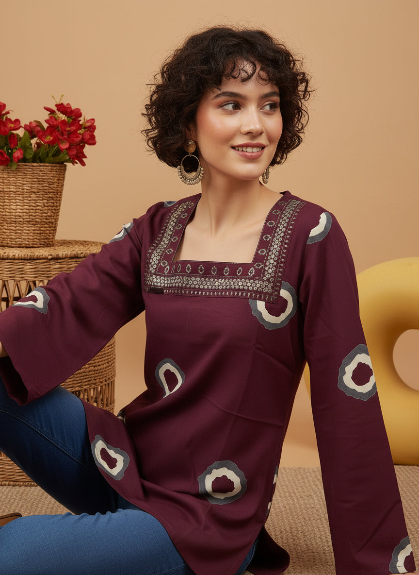 Maroon Printed Square-Neck Pure Cotton Short Kurti.