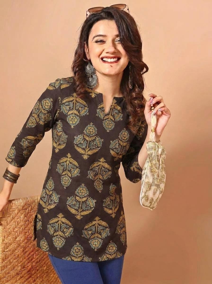 Floral Printed Brown Pure Cotton Short Kurti.