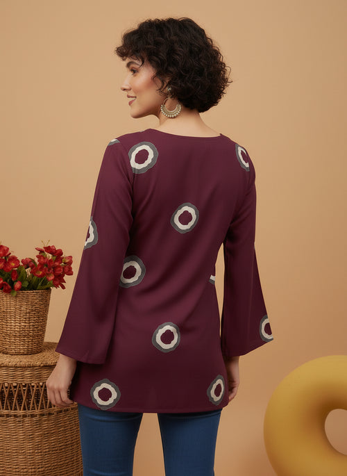 Maroon Printed Square-Neck Pure Cotton Short Kurti.