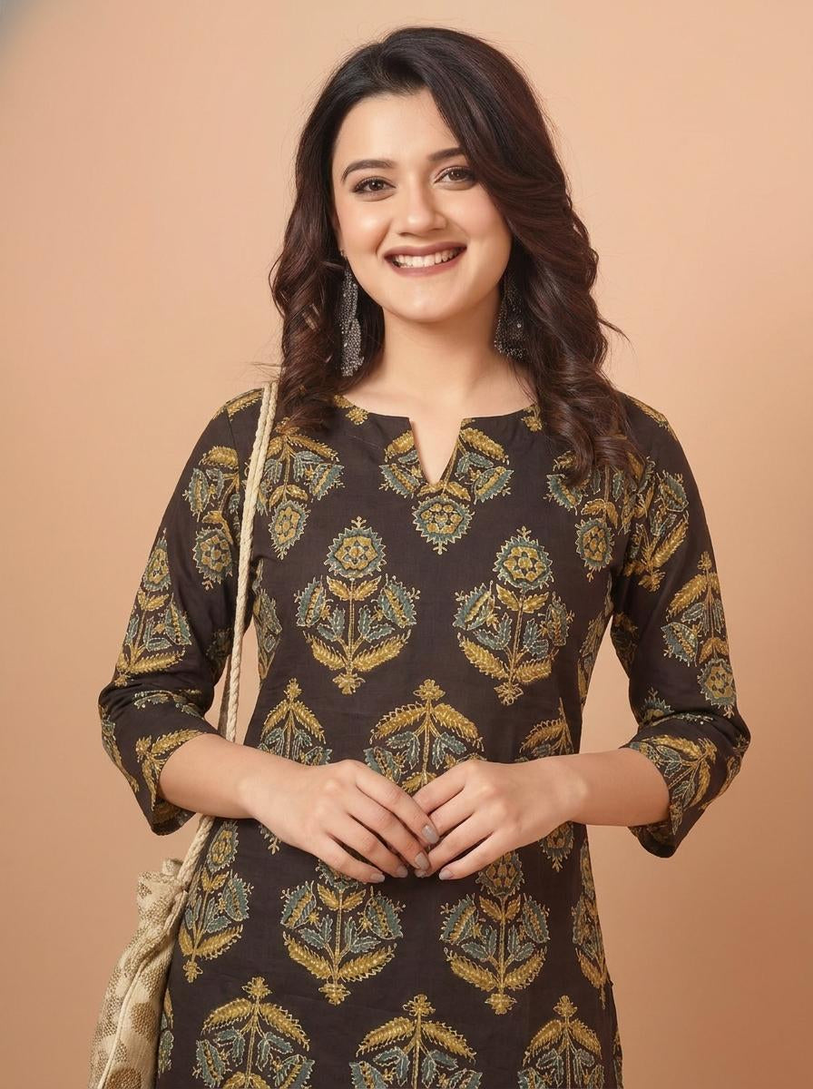 Floral Printed Brown Pure Cotton Short Kurti.