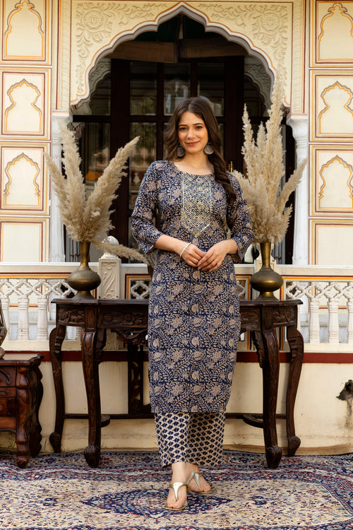 Navy Blue Printed Embroidered Pure Cotton Straight Kurta