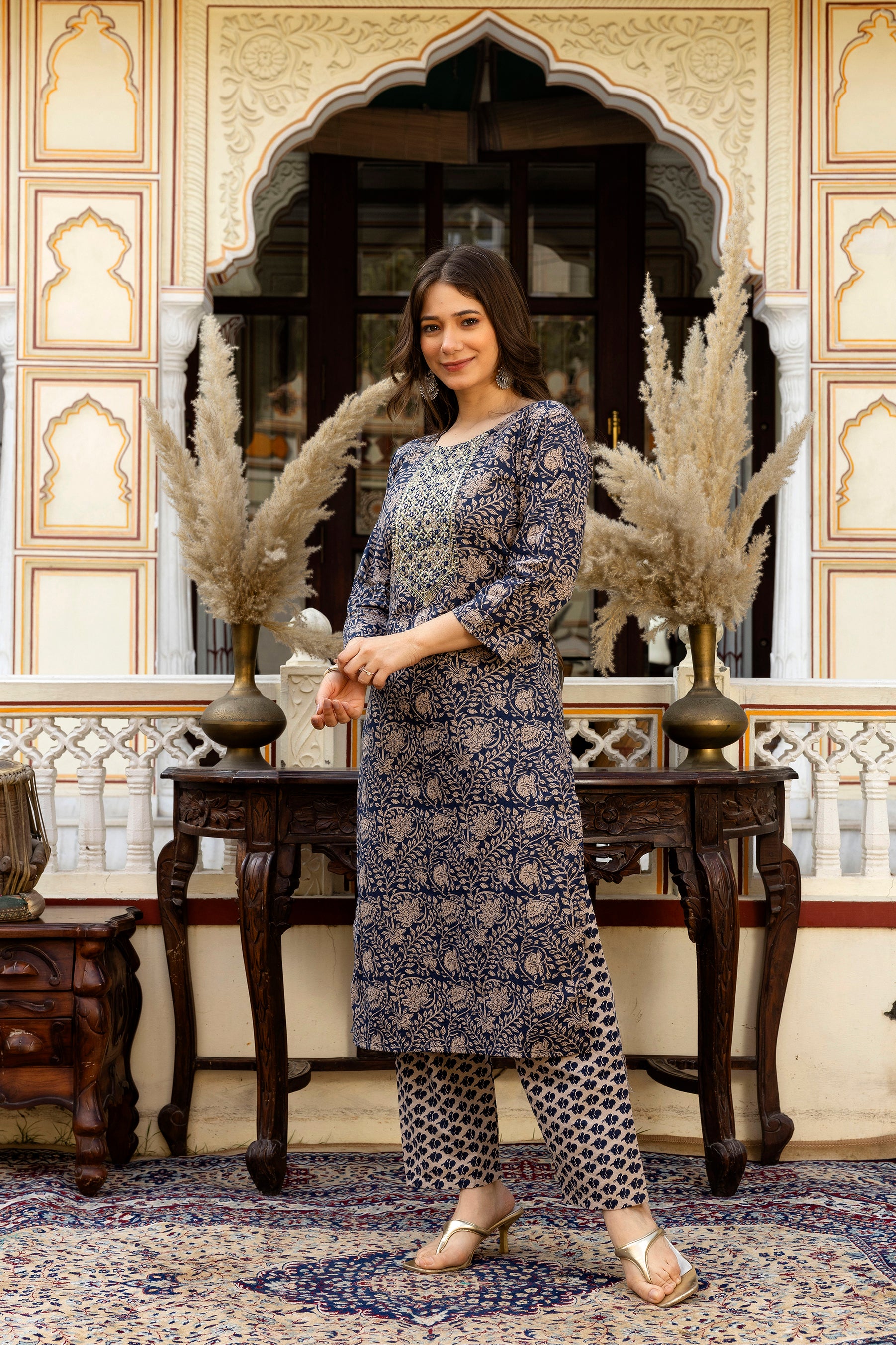 Navy Blue Printed Embroidered Pure Cotton Straight Kurta