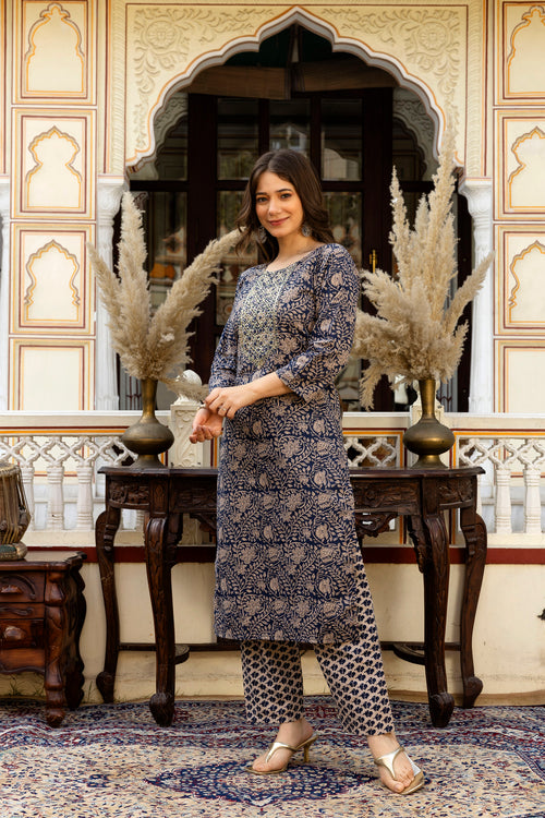 Navy Blue Printed Embroidered Pure Cotton Straight Kurta