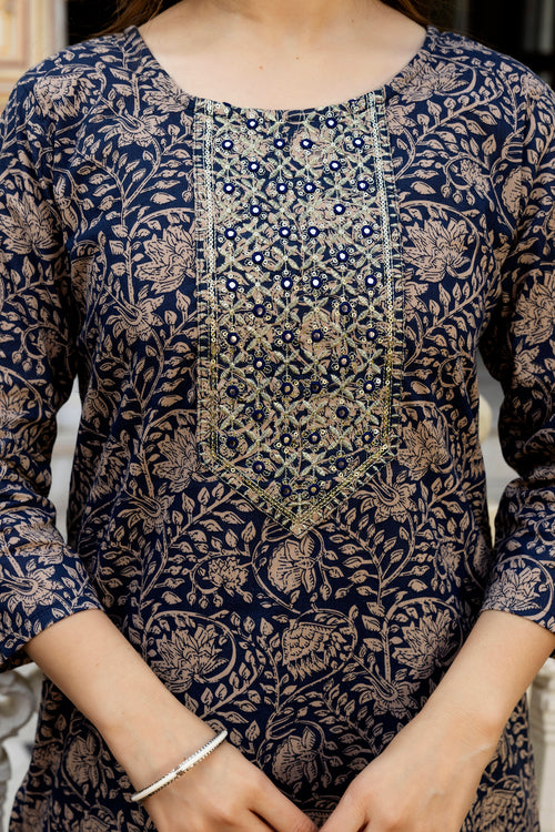 Navy Blue Printed Embroidered Pure Cotton Straight Kurta