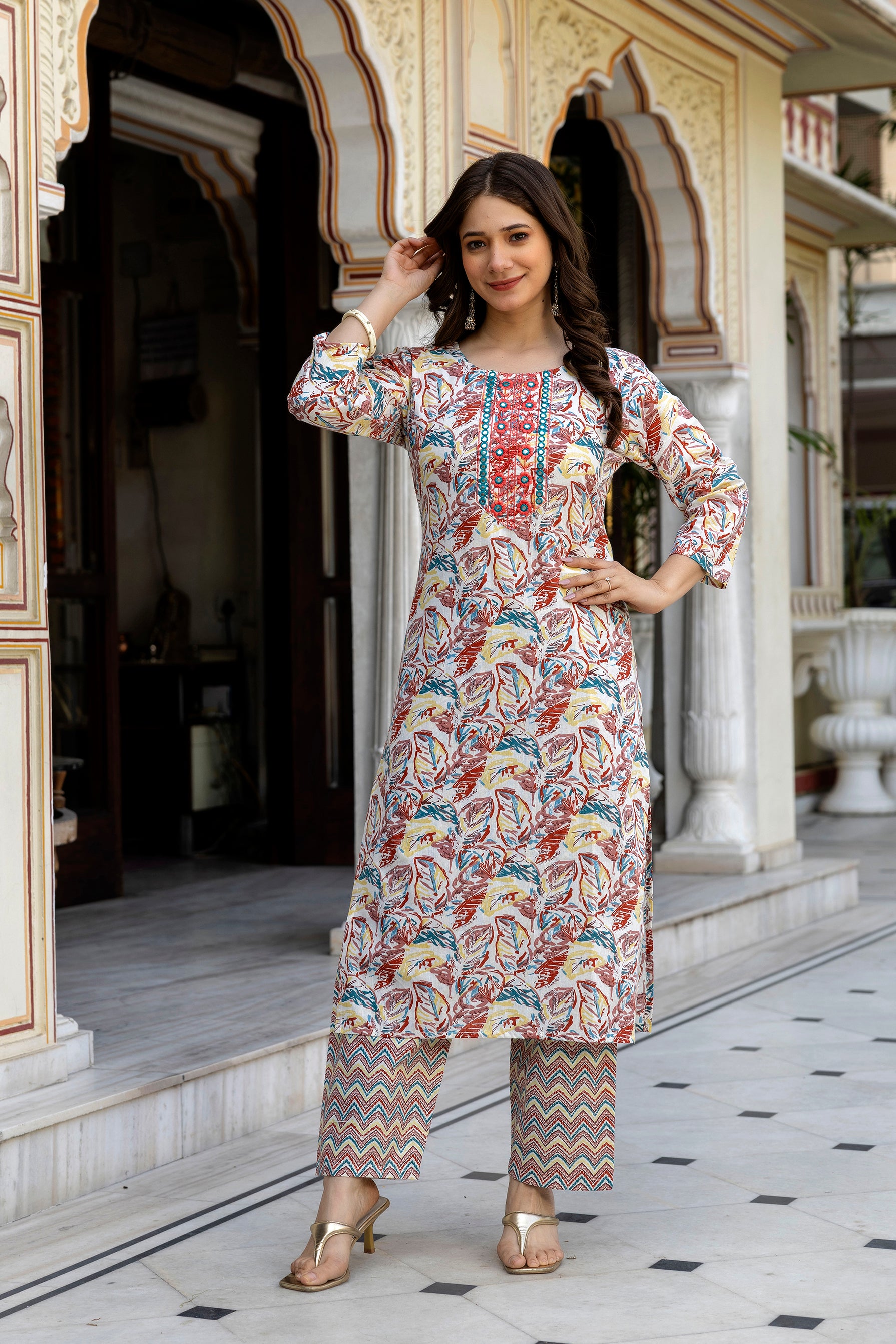 Multicolor Printed Embroidered Pure Cotton Straight Kurta