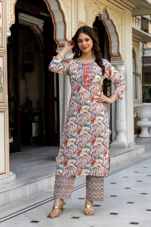 Multicolor Printed Embroidered Pure Cotton Straight Kurta