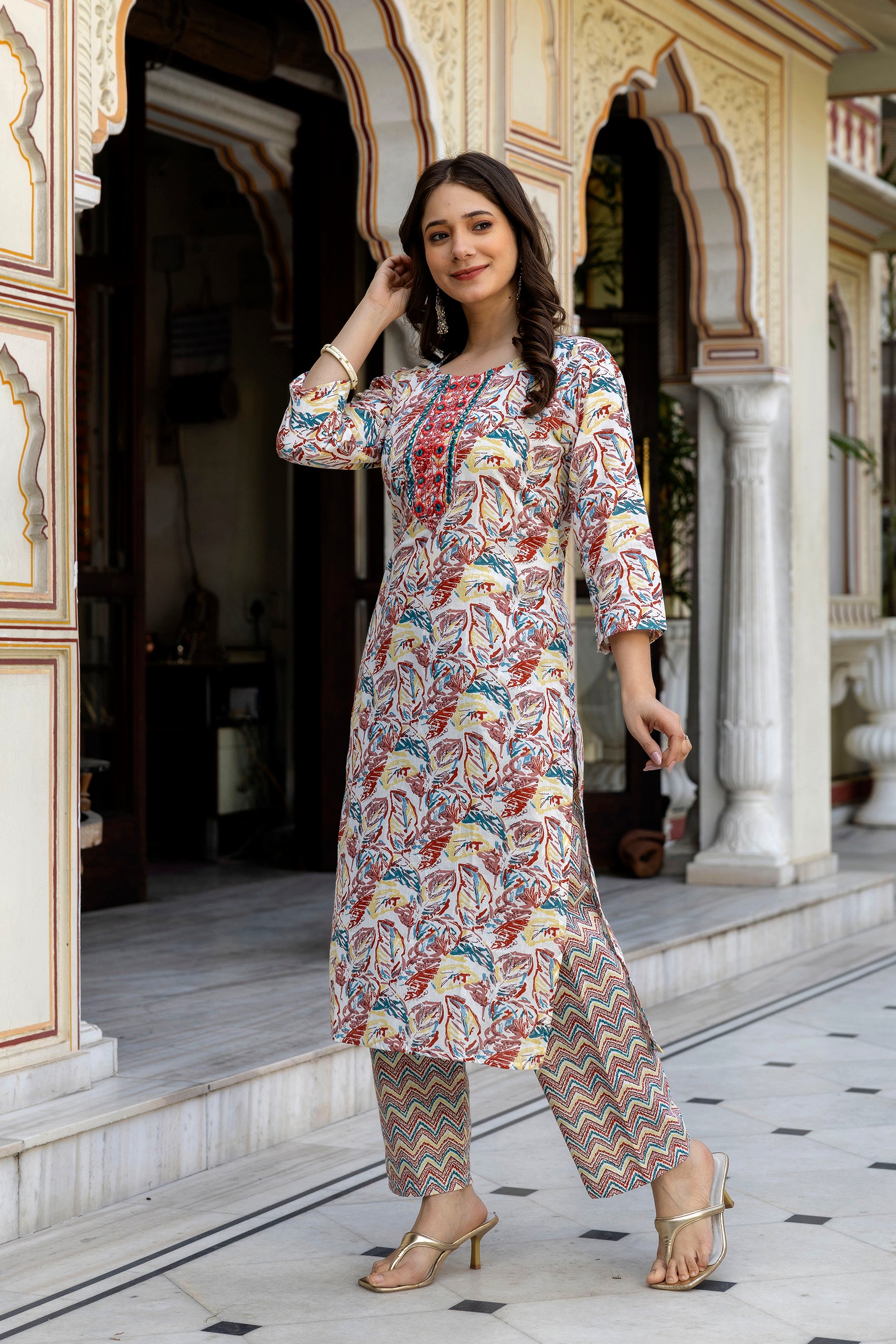 Multicolor Printed Embroidered Pure Cotton Straight Kurta