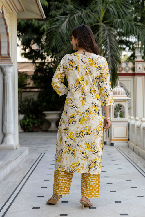 Yellow Printed Embroidered Pure Cotton Straight Kurta