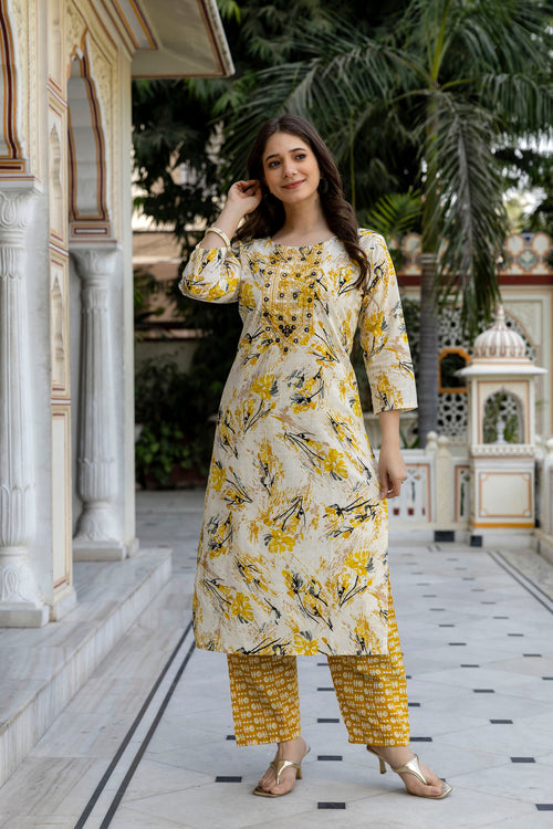 Yellow Printed Embroidered Pure Cotton Straight Kurta