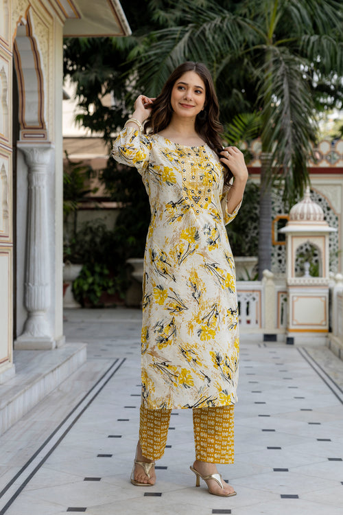 Yellow Printed Embroidered Pure Cotton Straight Kurta