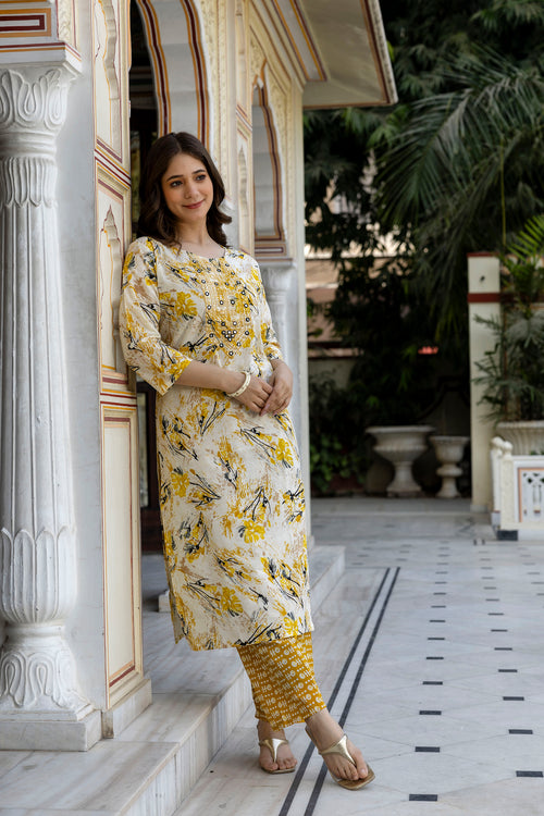 Yellow Printed Embroidered Pure Cotton Straight Kurta