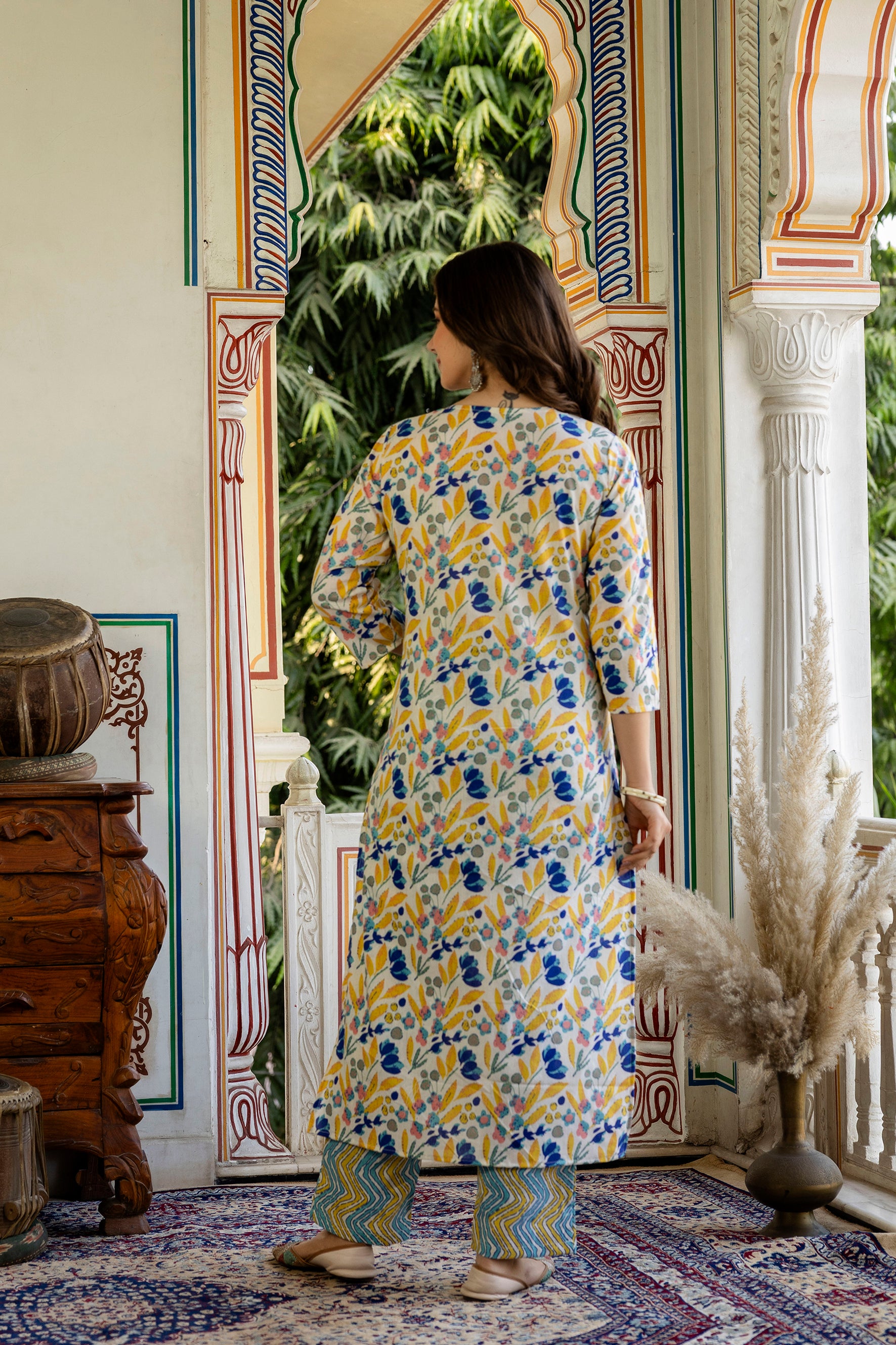 Yellow Printed Embroidered Pure Cotton Straight Kurta