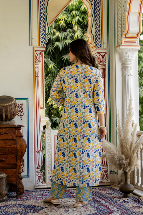 Yellow Printed Embroidered Pure Cotton Straight Kurta