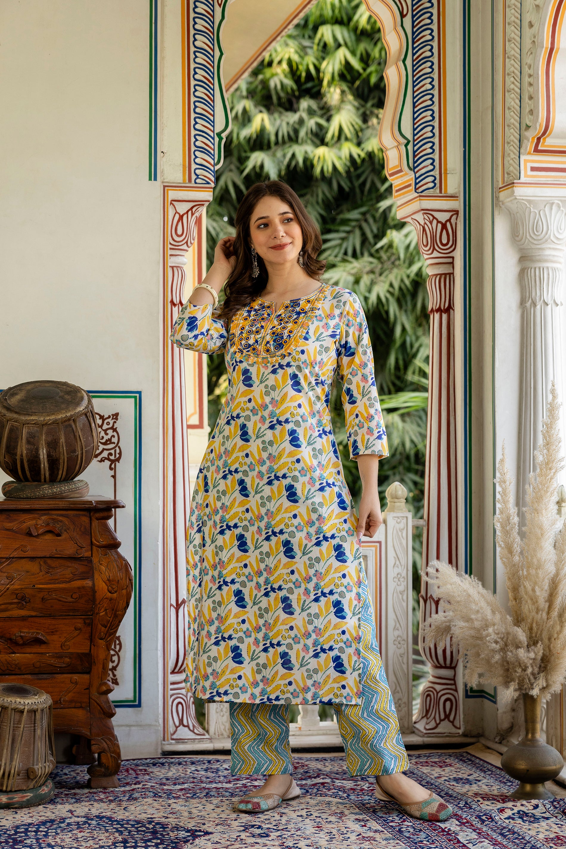 Yellow Printed Embroidered Pure Cotton Straight Kurta