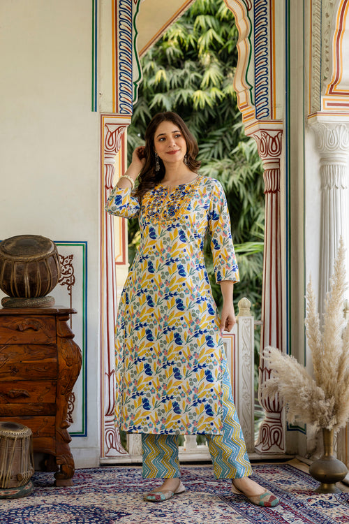 Yellow Printed Embroidered Pure Cotton Straight Kurta