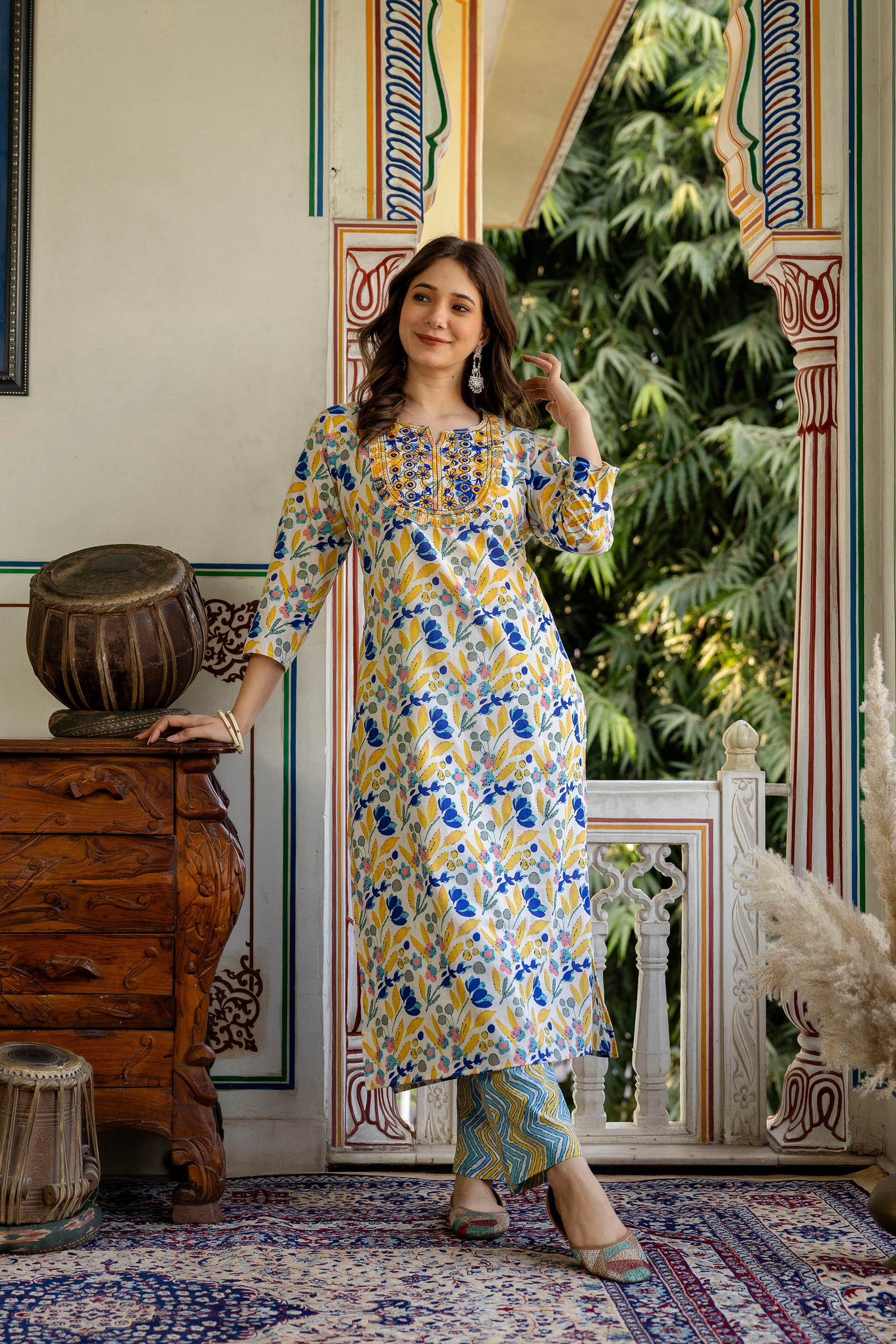 Yellow Printed Embroidered Pure Cotton Straight Kurta