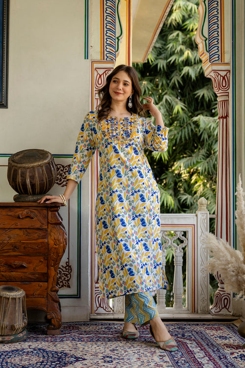 Yellow Printed Embroidered Pure Cotton Straight Kurta